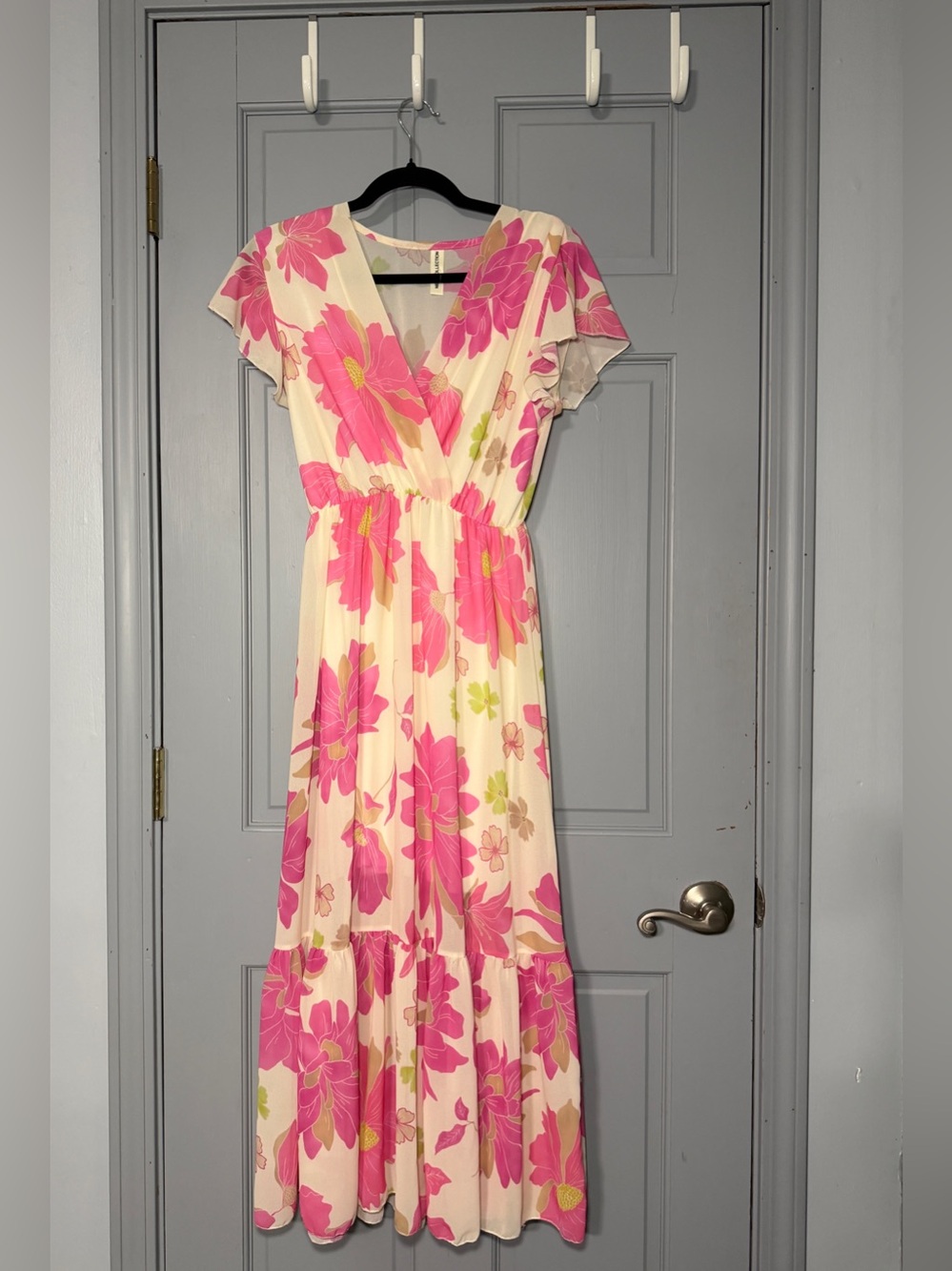 Cream Maxi Dress with Pink Floral Print